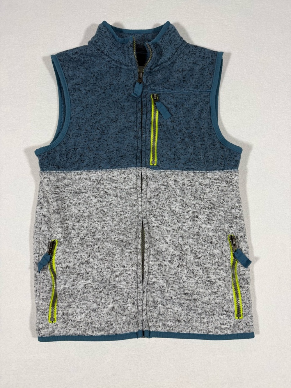 Cat & Jack Boys' Full Zip Fleece Vest Size M 8/10 Gray Teal Neon With Pockets
